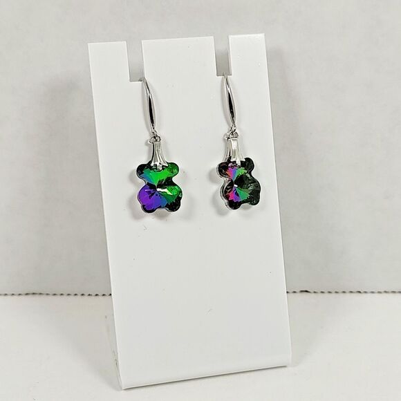 Silver Tone Metal Iridescent Glass Dangle Earrings Teddy Bear Clover Flower - Picture 2 of 11